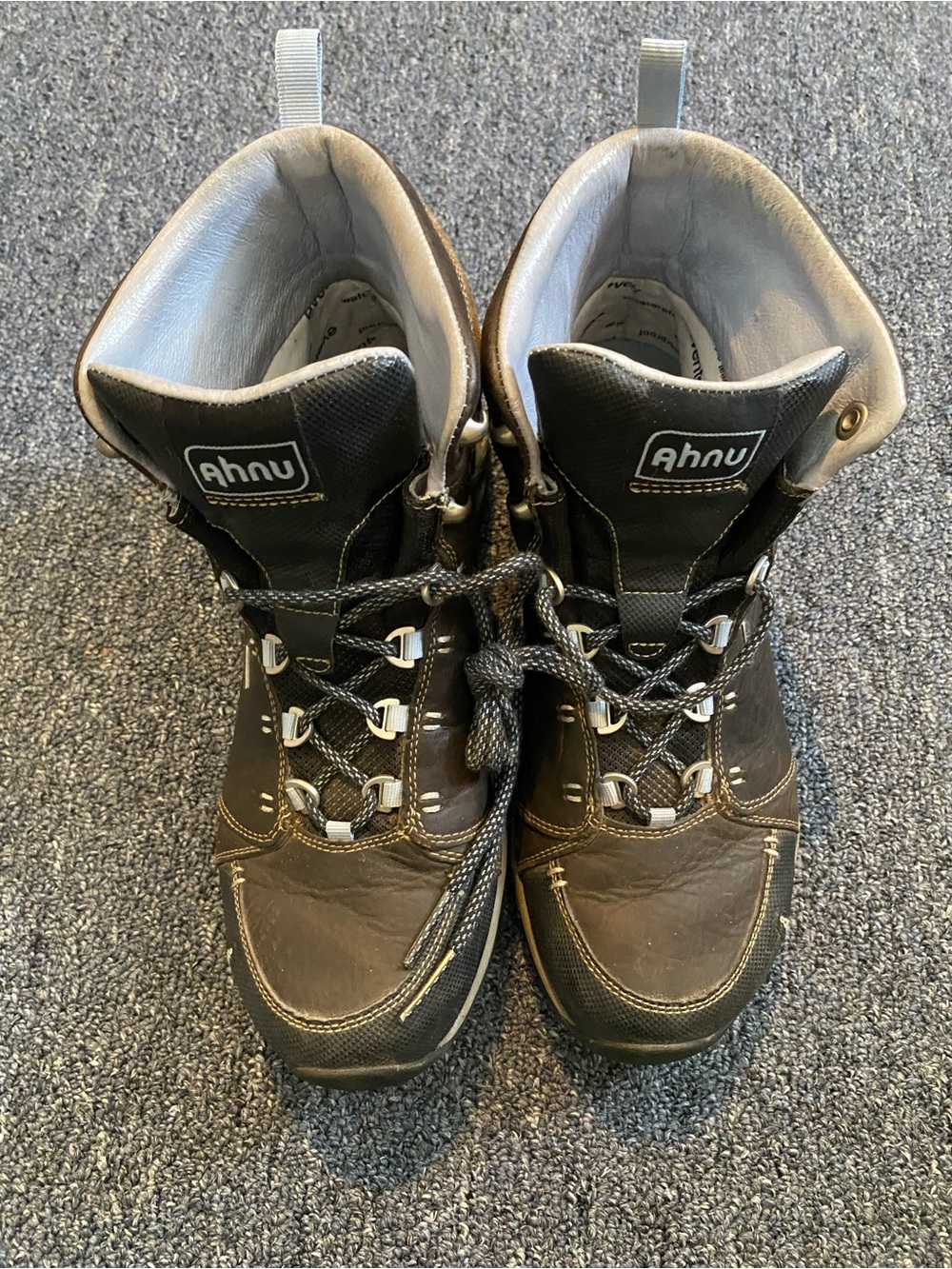 Ahnu Women’s Dark Brown Lace-Up Hiking Boots with Gray Collar